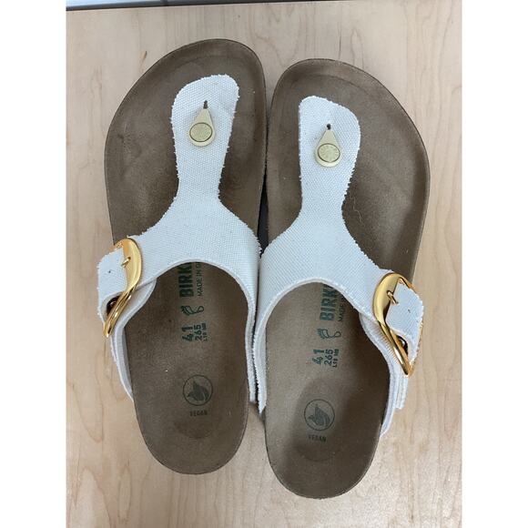 Birkenstock Gizeh Big Buckle Sandles Vegan Cream Canvas Gold Buckles Size 41/10 - Picture 5 of 8